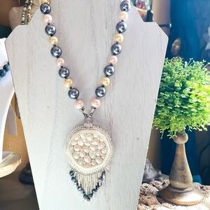 DANLENA Long Beaded Pearl Silver Necklace Earring Set Leather Handmade N…